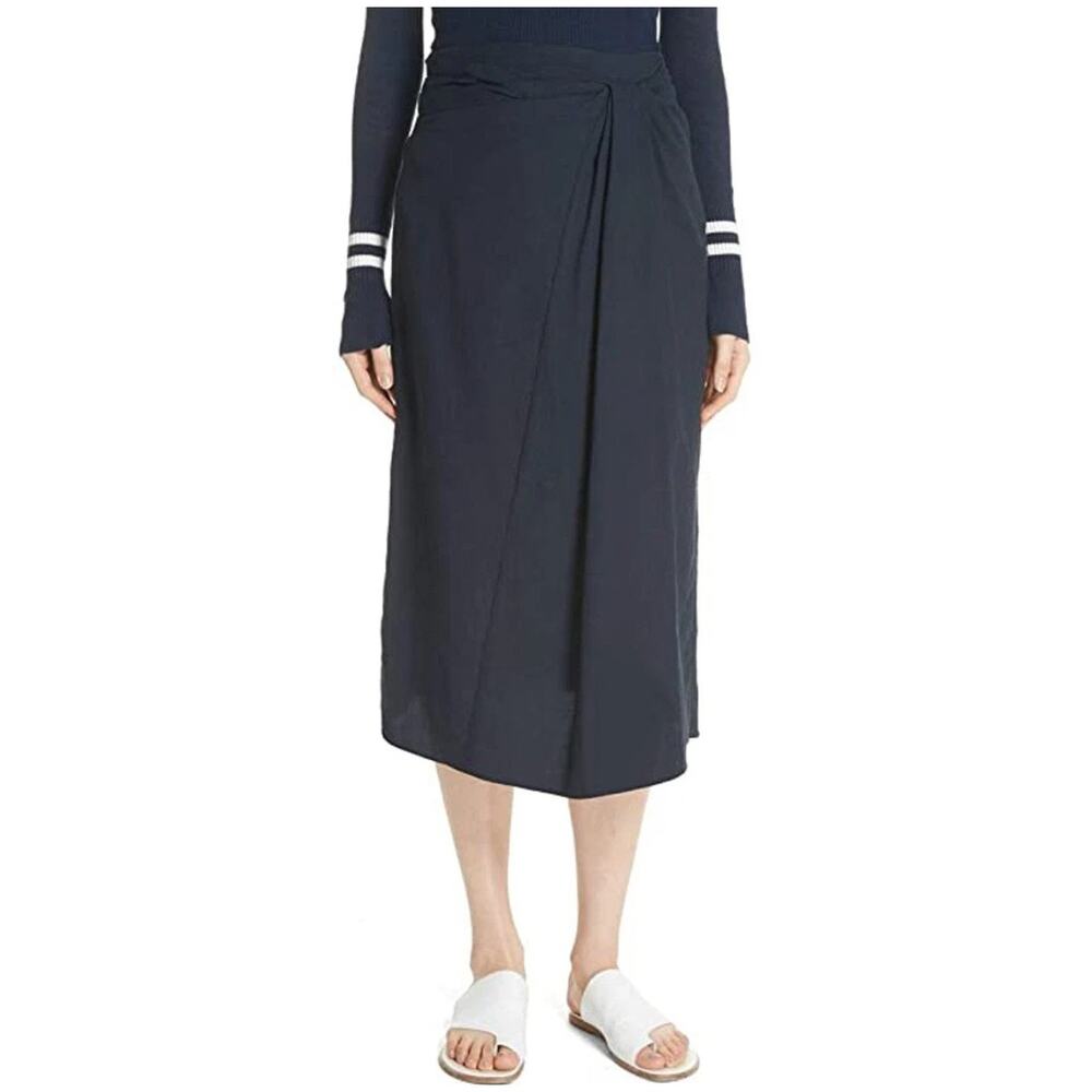 Vince Twist Front A Line Cotton Midi Skirt Navy Blue Lightweight Size 6 NWT